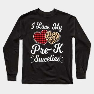 Heart Leopard Buffalo Plaid Valentines Day Pre-K Teacher Long Sleeve T-Shirt